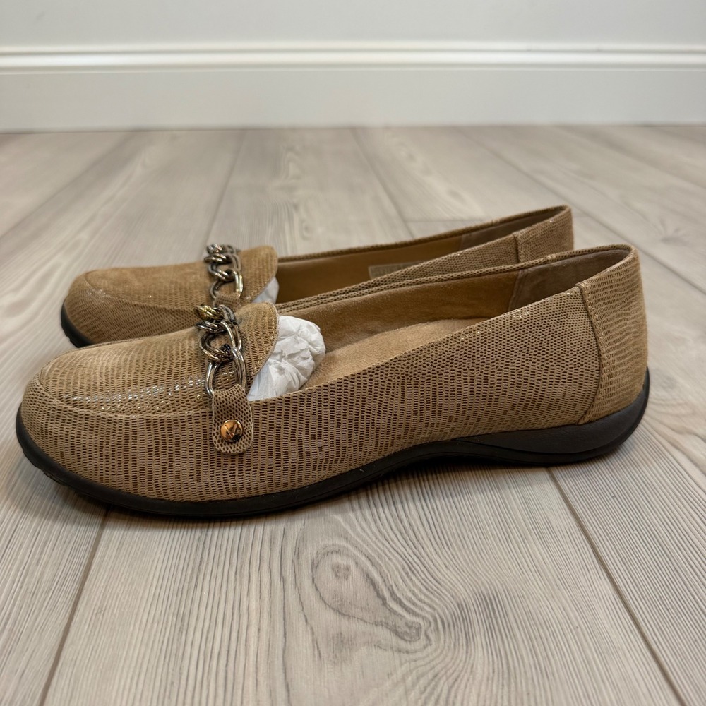NEW Vionic Alda Loafers Saddle Lizard Tan Chain Link Orthotic Flats Womens 11